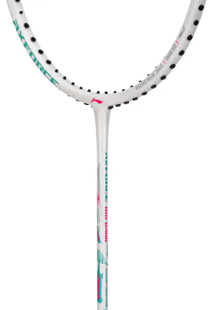 A close-up of the Li-Ning Axforce Big Bang 4U Badminton Racket - Pearl White, designed for intermediate to advanced players, showing part of the racket head and shaft against a plain white background.