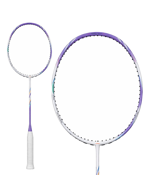 The Li-Ning BladeX 600 4U Badminton Racket in White/Purple features a sleek ultra carbon frame with purple accents and a white grip, shown fully and in head close-up against a plain white background.