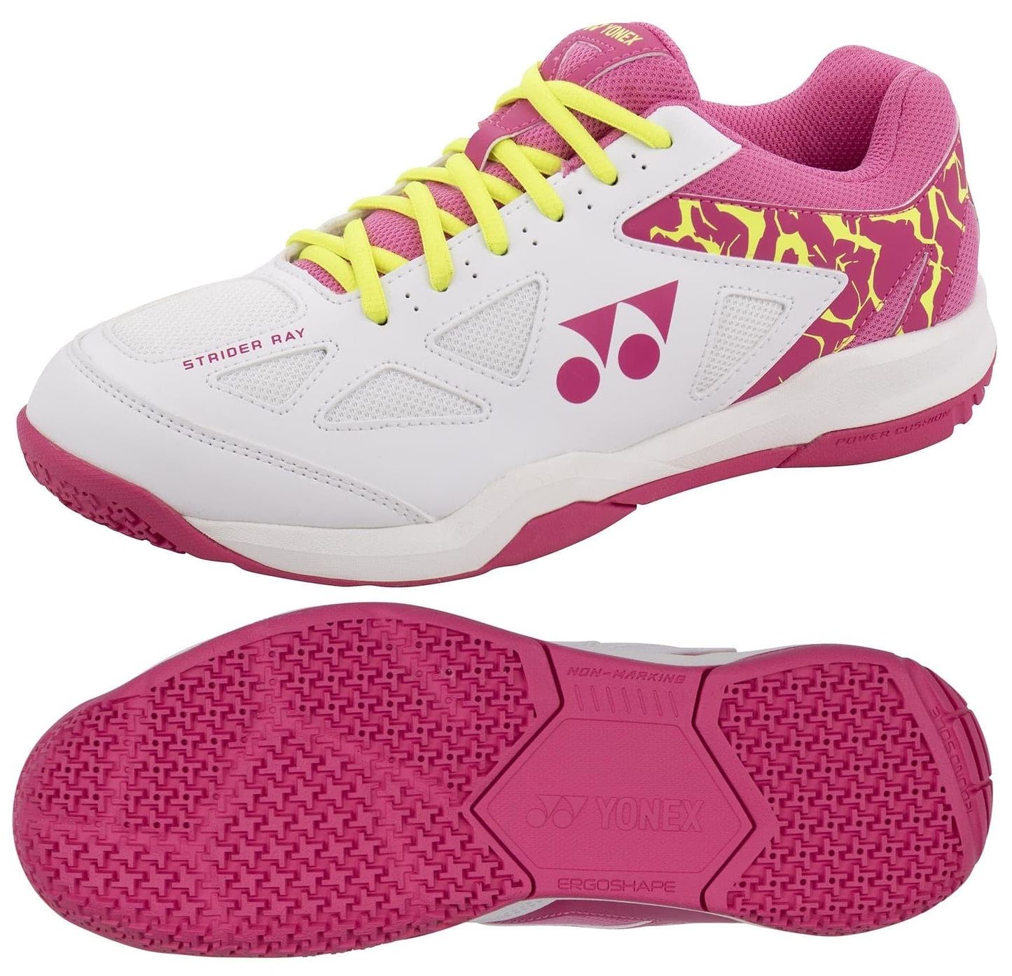 Yonex Power Cushion Strider Ray Women's Badminton Shoes in white and pink feature yellow laces, a pink and yellow heel pattern, a textured pink sole, Yonex logos on side and sole, and Power Cushion technology for court comfort.