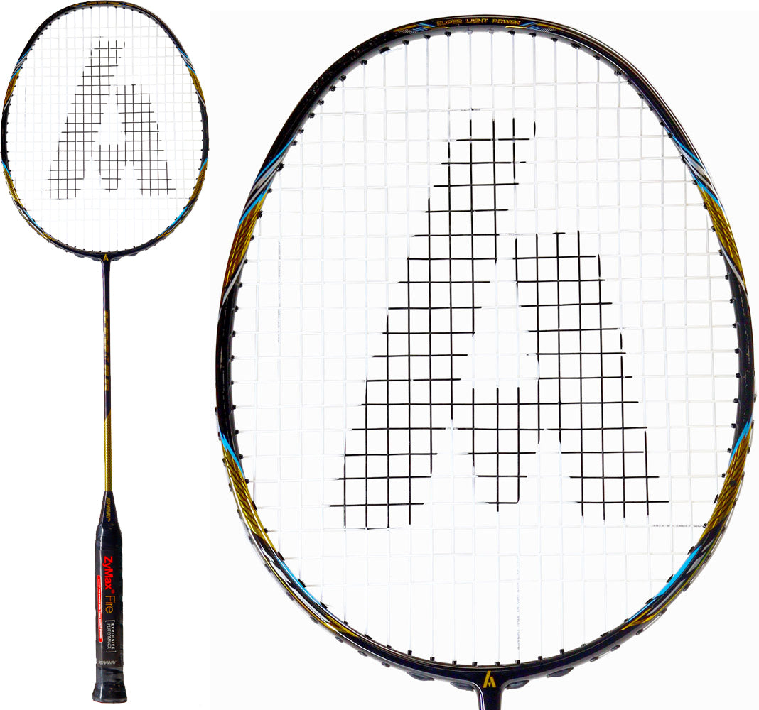 The Ashaway Superlight 99 SQ 5U Badminton Racket in gold and black, featuring a large "A" logo at the center of the string bed, is shown in full-length and close-up views.