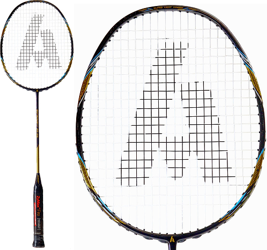 The Ashaway Superlight 99 SQ 5U Badminton Racket in gold and black, featuring a large "A" logo at the center of the string bed, is shown in full-length and close-up views.