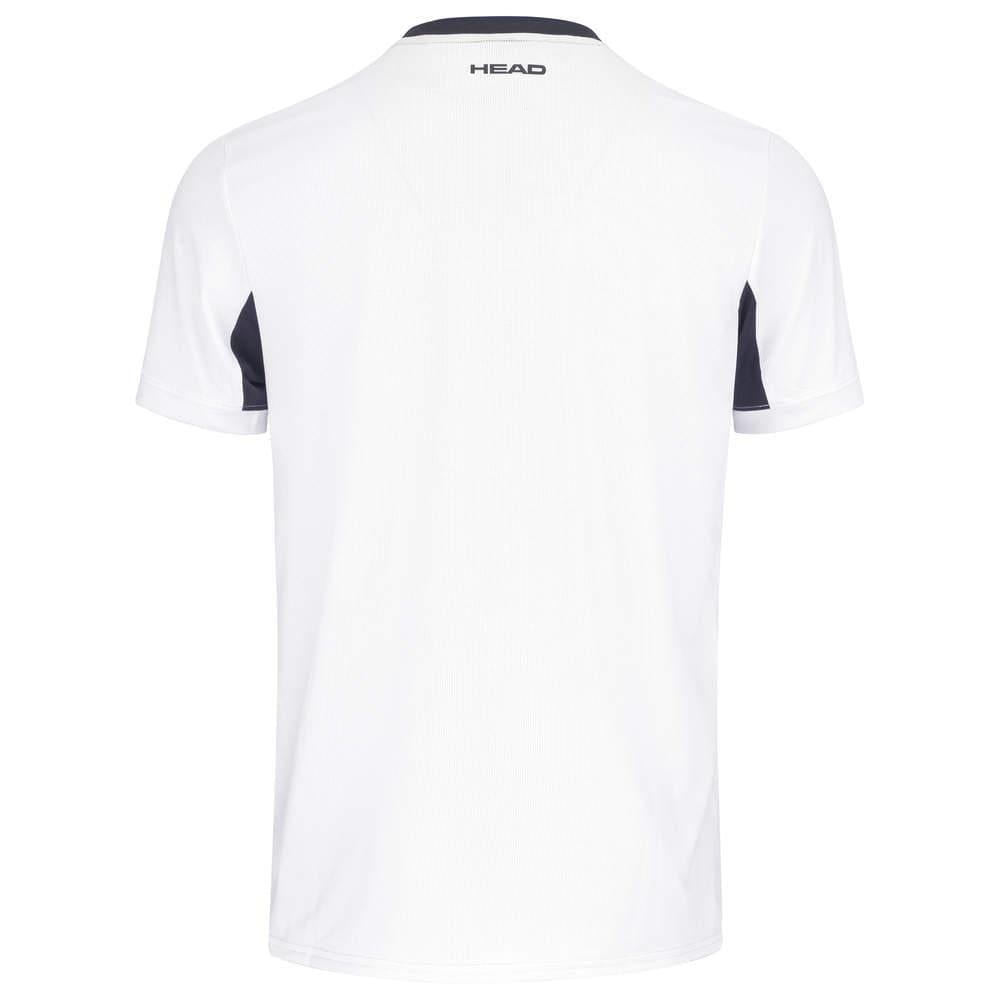 The image shows the back view of the HEAD Slice Men's Badminton T-Shirt in white. This short-sleeve t-shirt features the "HEAD" logo in black near the neckline and includes dark accents on the sides to enhance breathability and improve air circulation.