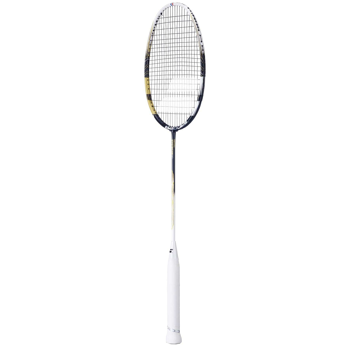 The Babolat Jetstream 80 4U Badminton Racket, in gold and black, features a sleek design with enhanced aerodynamics for improved maneuverability, making it perfect for competitive play.