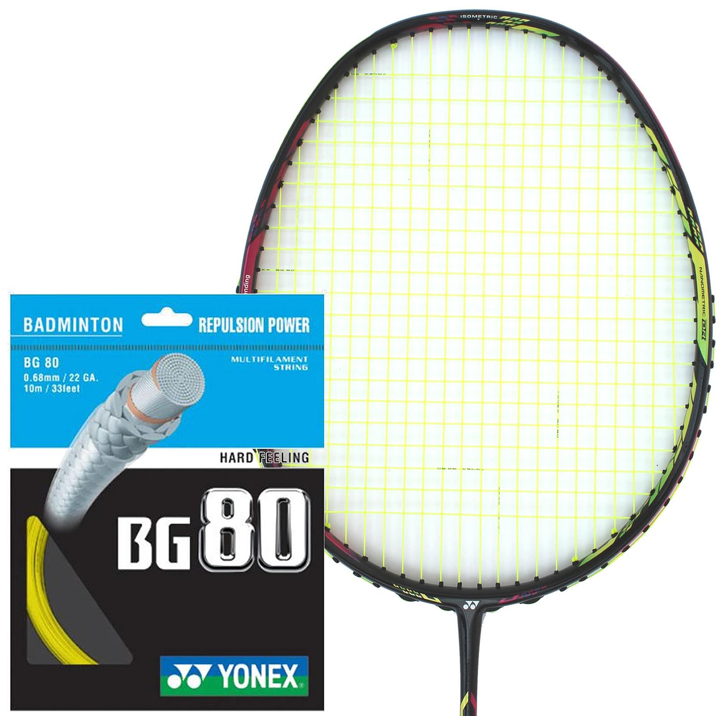 A Yonex badminton racket with BG 80 Yellow string is shown beside a Yonex BG 80 Badminton String Yellow - 0.68mm 10m Packet, highlighting high repulsion power and featuring an image of the coiled string and its details.