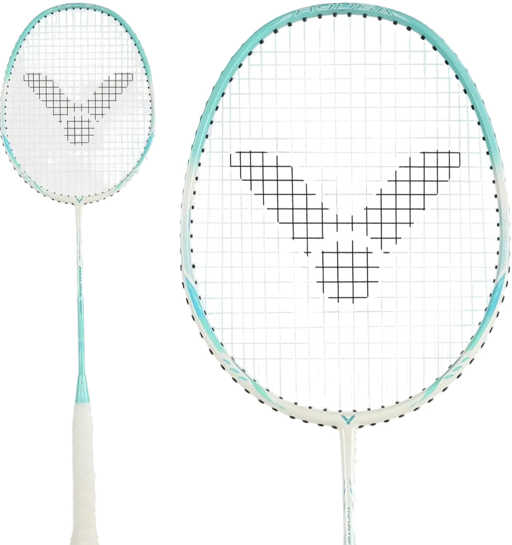 Two Victor Thruster Ryuga Sport R 3U badminton rackets by Victor, featuring green frames, are displayed against a plain white background—ideal for beginner to intermediate players.
