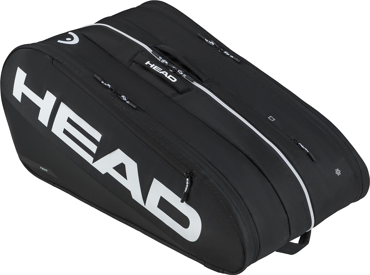 The HEAD Tour 12 Racket Badminton Bag XL in black features multiple zippered compartments, climate control tech, a white HEAD logo, and a sleek, sturdy design.