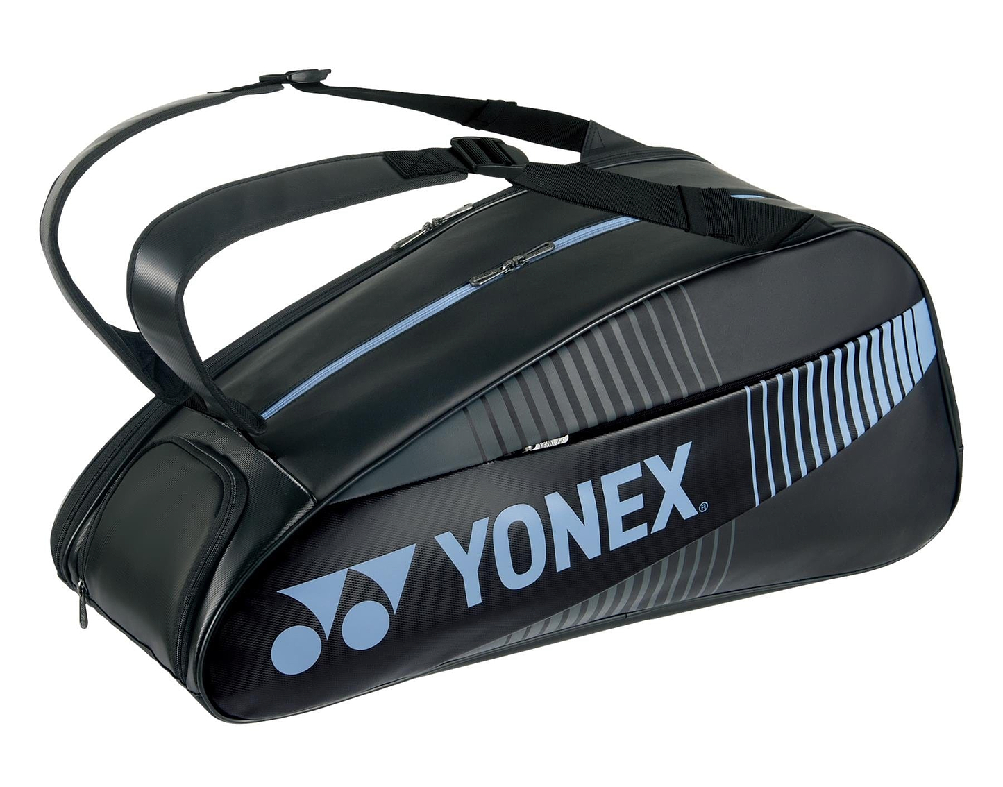 The Yonex 82426EX Active 6 Racket Badminton Bag in black showcases blue accents and the distinctive Yonex logo. It includes a dedicated shoe compartment, multiple zippers for convenient access, and two comfortable shoulder straps for easy carrying.
