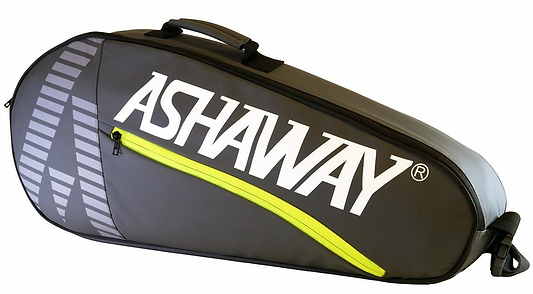 The Ashaway ATB 871 Single 3 Racket Badminton Bag in grey/yellow features a large white logo, yellow diagonal zipper, and top handle—perfect for stylishly carrying up to 3 rackets to the court.