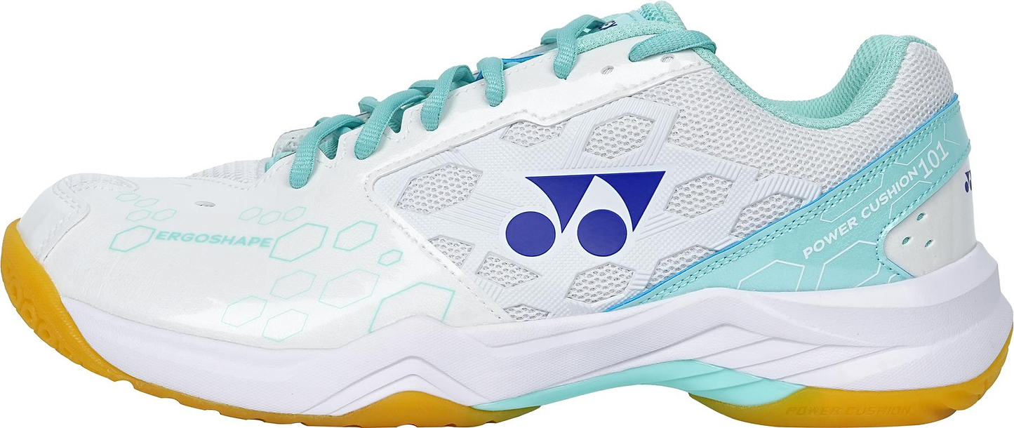 The Yonex Power Cushion SHB 101 Badminton Shoes in white/mint feature teal accents, a blue logo, honeycomb patterns, and a yellow sole. Labeled "ERGOSHAPE" and "POWER CUSHION," they deliver excellent shock absorption on court.