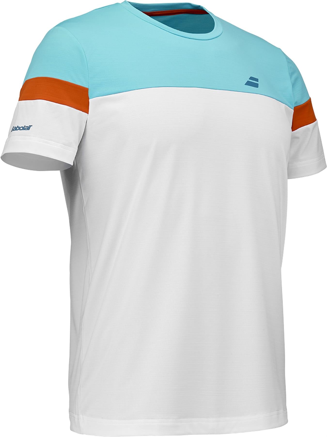 The Babolat Crew Neck Men's Badminton T-Shirt features a white body, light blue chest and shoulders, orange upper arm stripes, a small blue chest logo, and "Babolat" on the left sleeve—ideal for badminton.