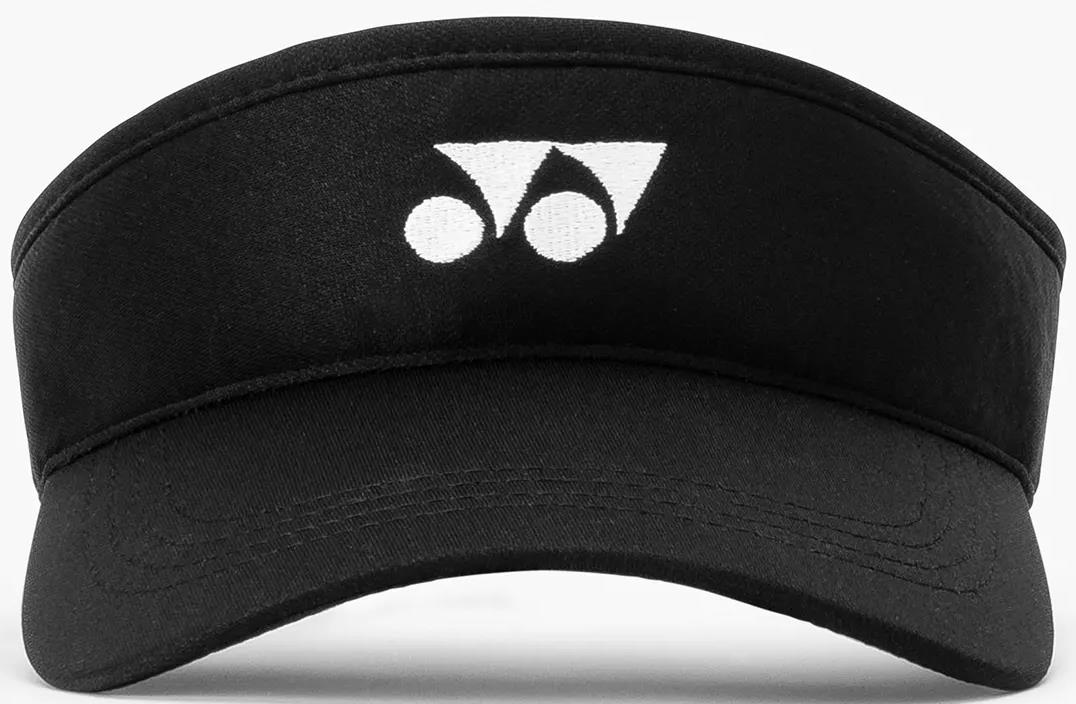 The Yonex 40126EX Badminton Visor in black features a white Yonex logo at the front, made from breathable polyester with an adjustable fit, displayed against a plain background.