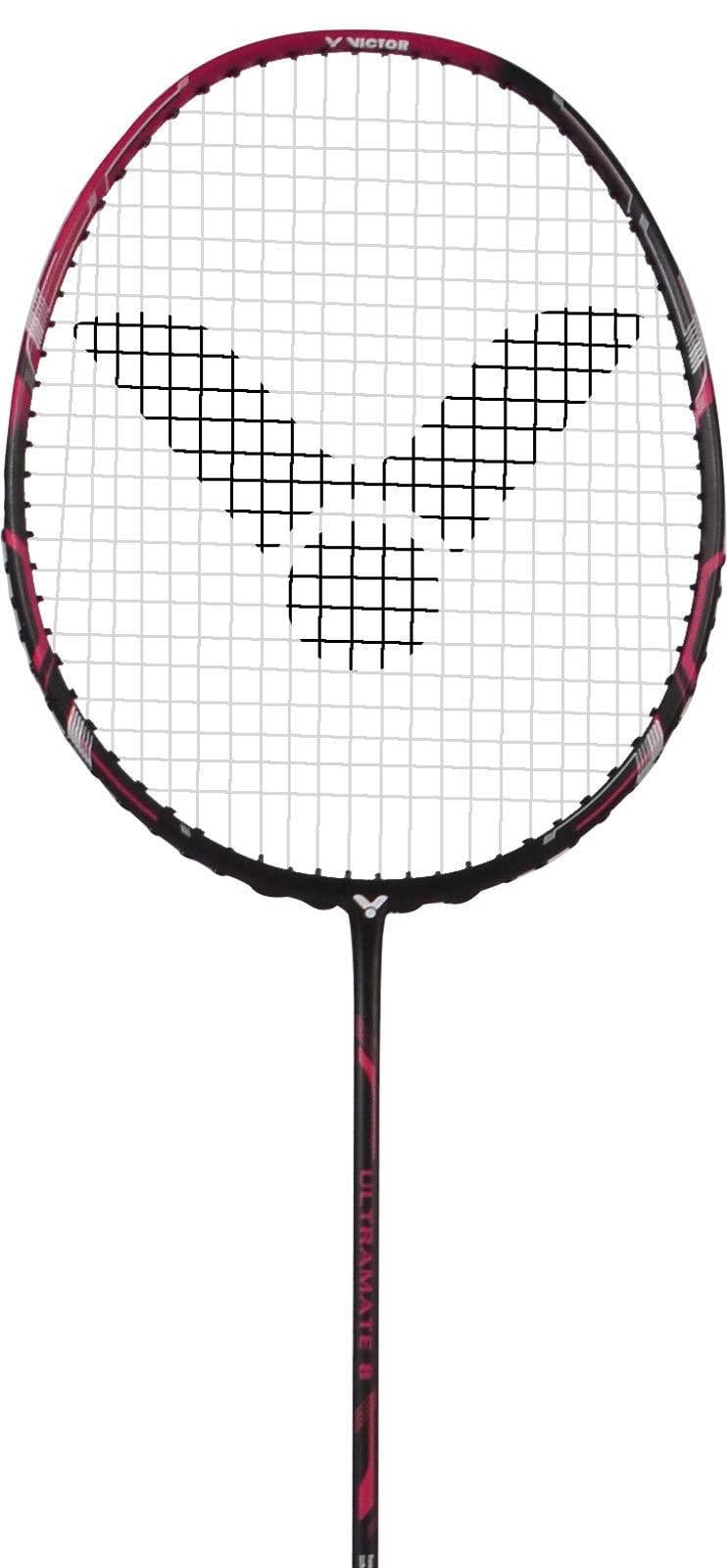The Victor Ultramate 8 4U Badminton Racket features a stylish black and magenta frame and a black geometric logo at the string bed's center. With its head-heavy balance, it provides excellent power for a competitive edge.