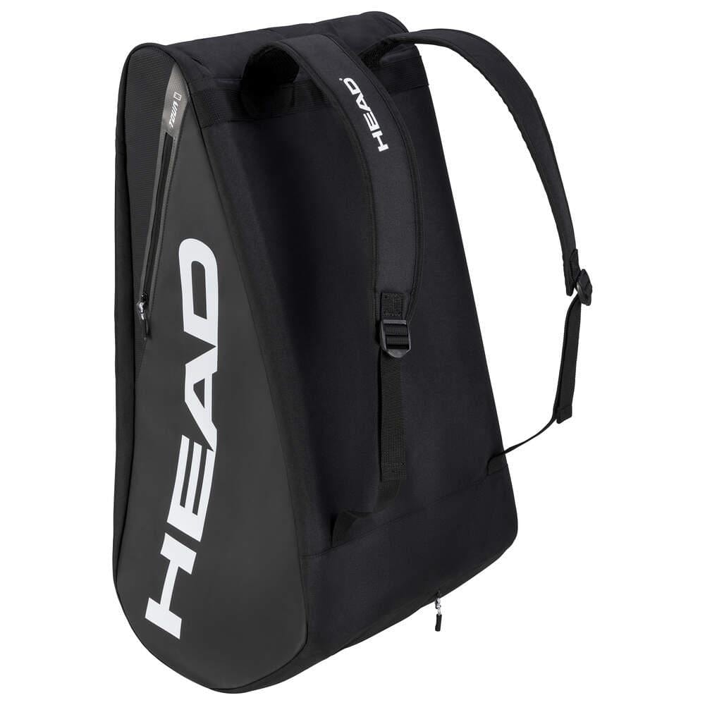 Introducing the HEAD Tour Badminton Racket Bag XL in black and white, featuring a prominent large white logo and advanced climate control technology. This bag is expertly designed with adjustable shoulder straps, a side zipper pocket, and a roomy main compartment to efficiently carry your sports equipment, whether you're on the court or on the move.