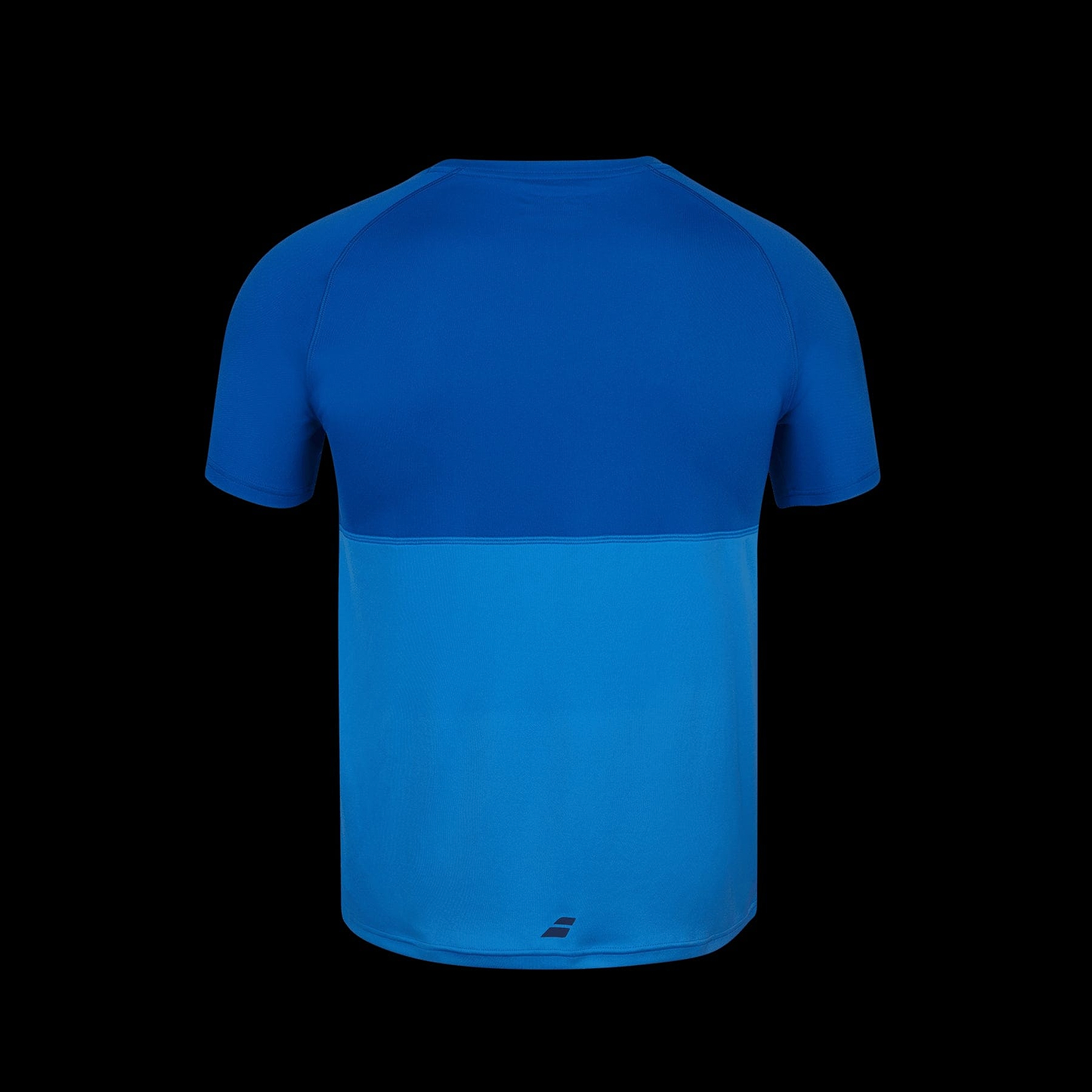 Explore the Babolat Play Crew Neck Men's Badminton T-Shirt in Blue Aster, a short-sleeved athletic shirt made from Fiber Dry-polyester. This stylish piece features a two-tone blue design with a darker shade on top transitioning to a lighter hue at the bottom. The minimalist back and subtle logo near the hem make it an ideal addition to your sportswear collection.