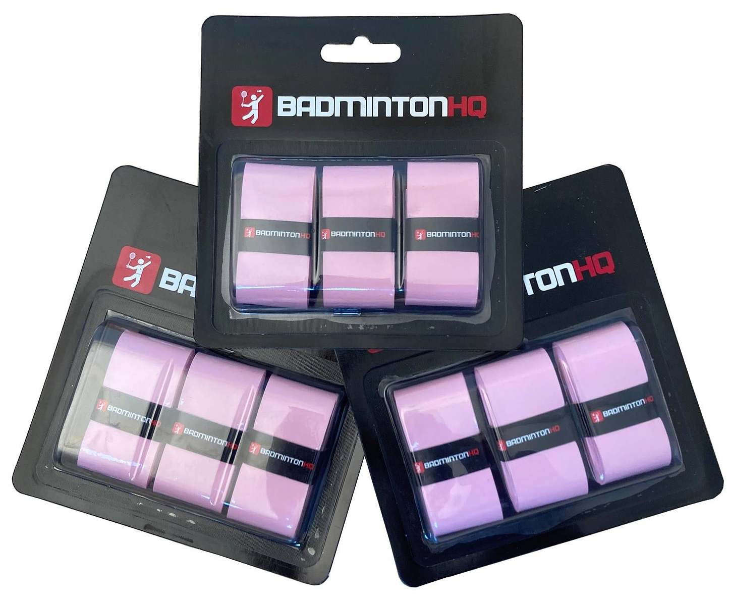 Three BadmintonHQ 3 Pack Badminton Overgrips in pink, each pack containing three tacky grips in black packaging with a red and white logo. Packs are slightly overlapping—perfect for improved sweat absorption and control.