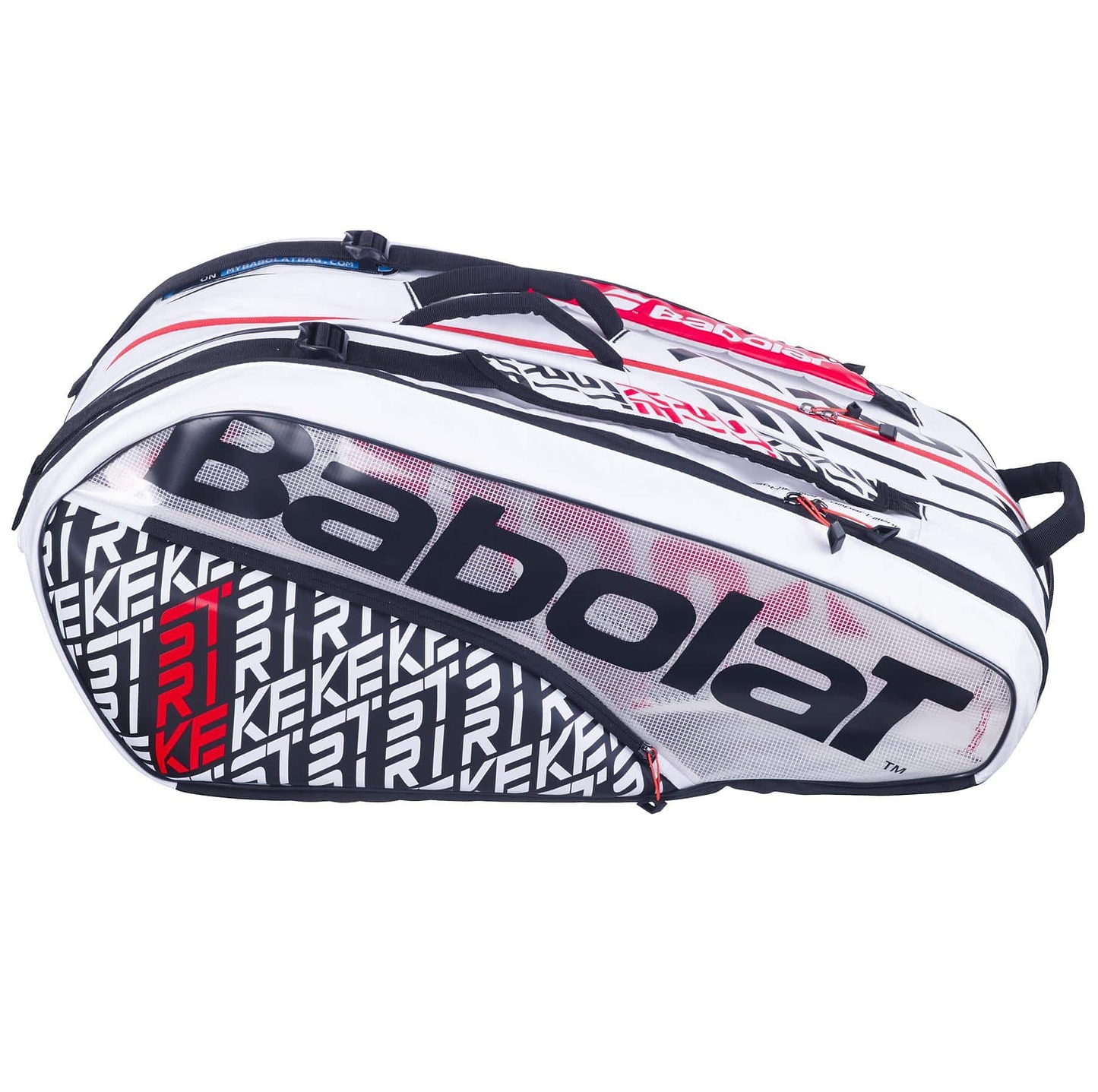 The Babolat RH12 Pure Strike 12 Racket Bag in white, black, and red displays bold branding along with a robust insulated compartment. Its expertly crafted design includes multiple zippers and a transparent shoe compartment to conveniently store all your tennis gear.
