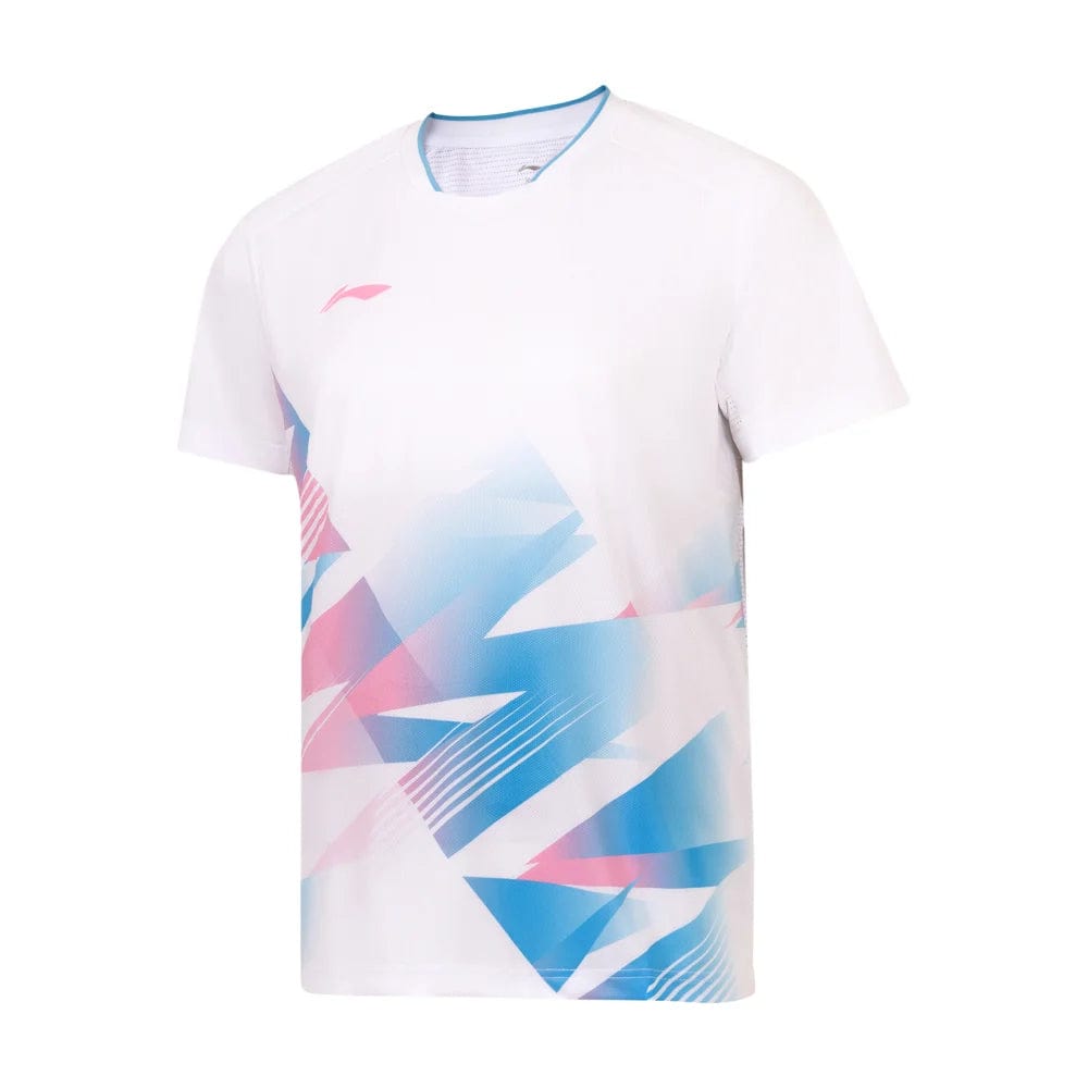 The Li-Ning Diamond Gradient Men's Badminton T-Shirt in white features an abstract geometric design with pink and blue triangle patterns on the front. Its quick-dry, moisture-wicking fabric offers comfort on or off the court.