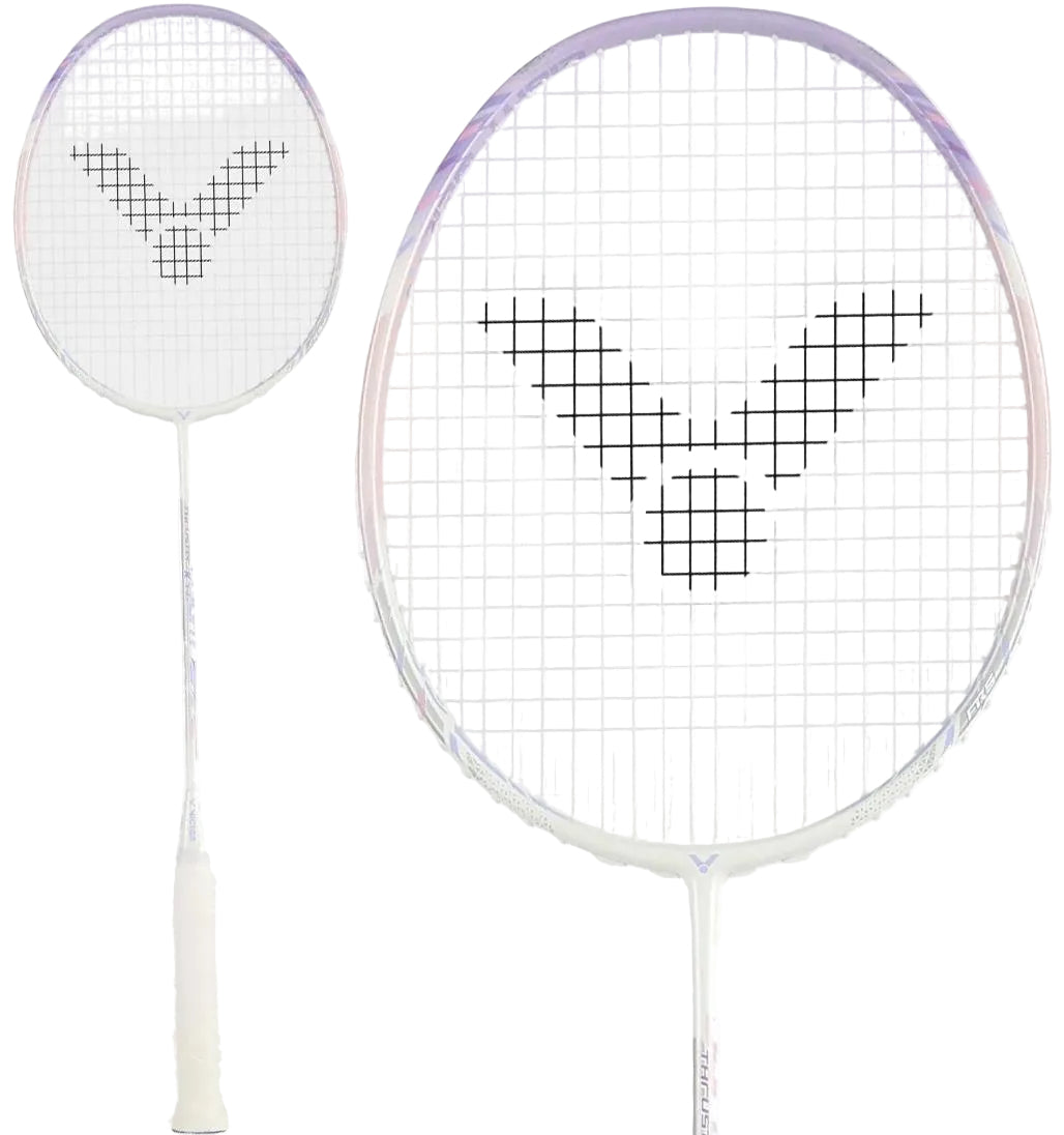 The Victor Thruster K 66 AJ 7U Badminton Racket in White/Purple by Victor is displayed from two angles: a full view and a head close-up, featuring black logo strings and a grip wrapped in white tape.