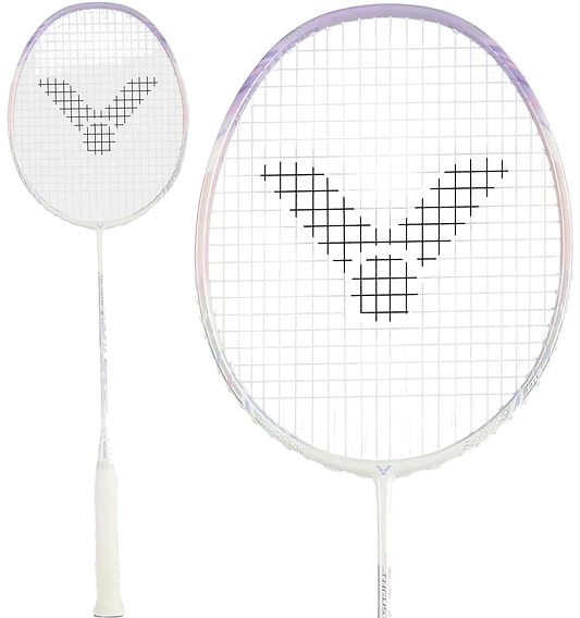 The Victor Thruster K 66 AJ 7U Badminton Racket in White/Purple by Victor is displayed from two angles: a full view and a head close-up, featuring black logo strings and a grip wrapped in white tape.