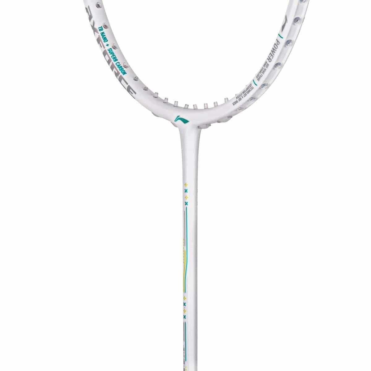 Close-up of the throat and lower head of the Li-Ning Axforce 60 5U Badminton Racket - Pearl White with blue and yellow accents, featuring FRTP technology, on a plain white background.