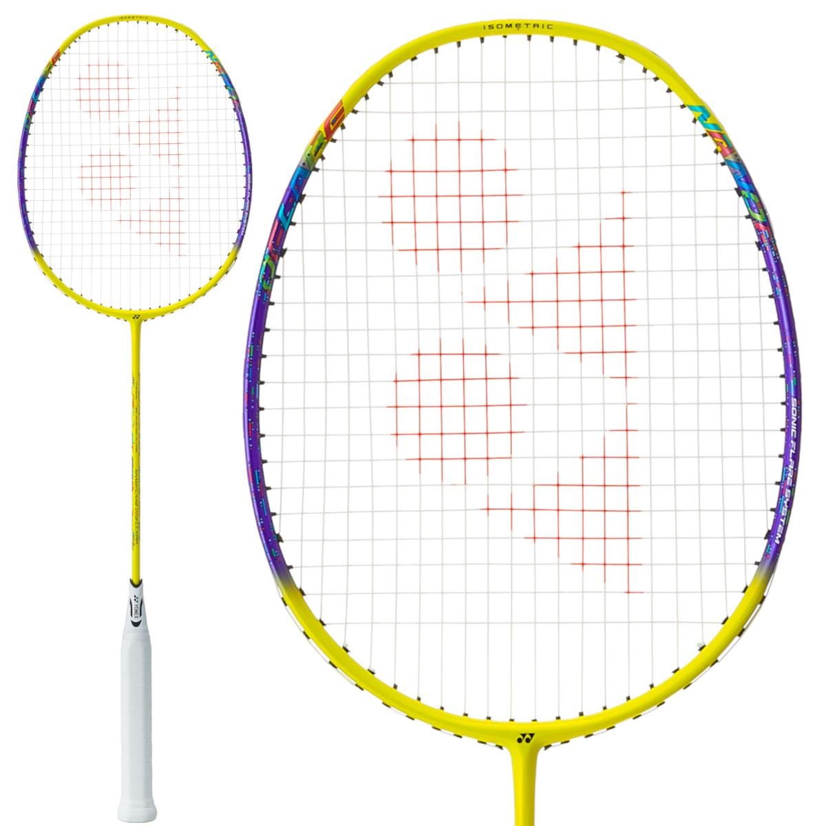The Yonex Nanoflare 002 Clear 4U Badminton Racket - Yellow features a vibrant yellow design, a white handle, and colorful accents. Equipped with ISOMETRIC™ technology and orange-lined strings on its large circular head, the racket's head-light structure is shown in full view and close-up.