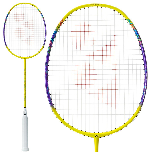 The Yonex Nanoflare 002 Clear 4U Badminton Racket - Yellow features a vibrant yellow design, a white handle, and colorful accents. Equipped with ISOMETRIC™ technology and orange-lined strings on its large circular head, the racket's head-light structure is shown in full view and close-up.