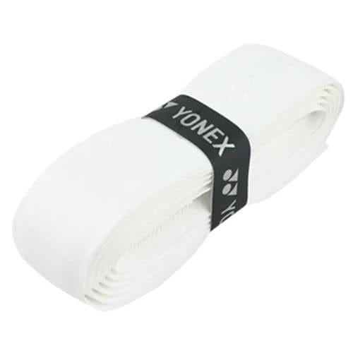 A white Yonex AC420 Hi Soft Badminton Overgrip, wrapped in a black band displaying the "Yonex" brand name, provides a super soft feeling similar to that of the Yonex AC420 badminton overgrip.