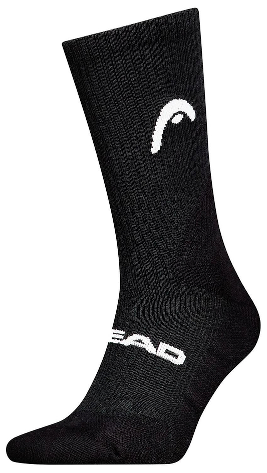 The HEAD Crew Badminton Socks - Black feature a white curved HEAD logo near the top and "HEAD" on the side. Designed for badminton, they offer cushioned support with a ribbed texture, shown here against a white background.