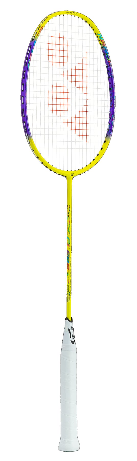 Introducing the Yonex Nanoflare 002 Clear 4U Badminton Racket in Yellow, featuring a vibrant yellow and purple design with a white grip. Orange brand logos adorn the strings, while ISOMETRIC™ technology boosts performance. The colorful frame and branded shaft pop against the plain white background.