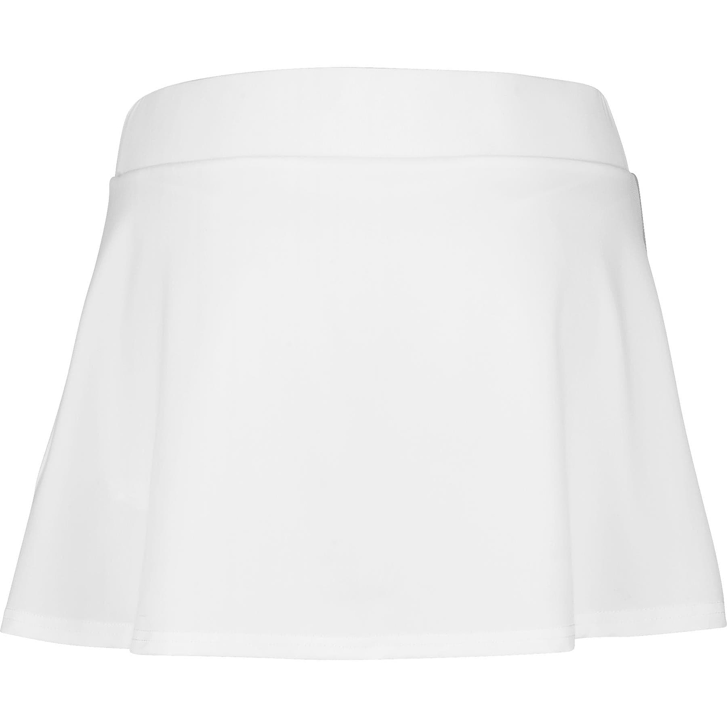 The image showcases the Babolat Play Women's Badminton Skirt in white/orange, featuring a flared design with a wide waistband. Made from recycled polyester Fiber Dry material, it offers a smooth, lightweight look ideal for any occasion. The background is plain white.