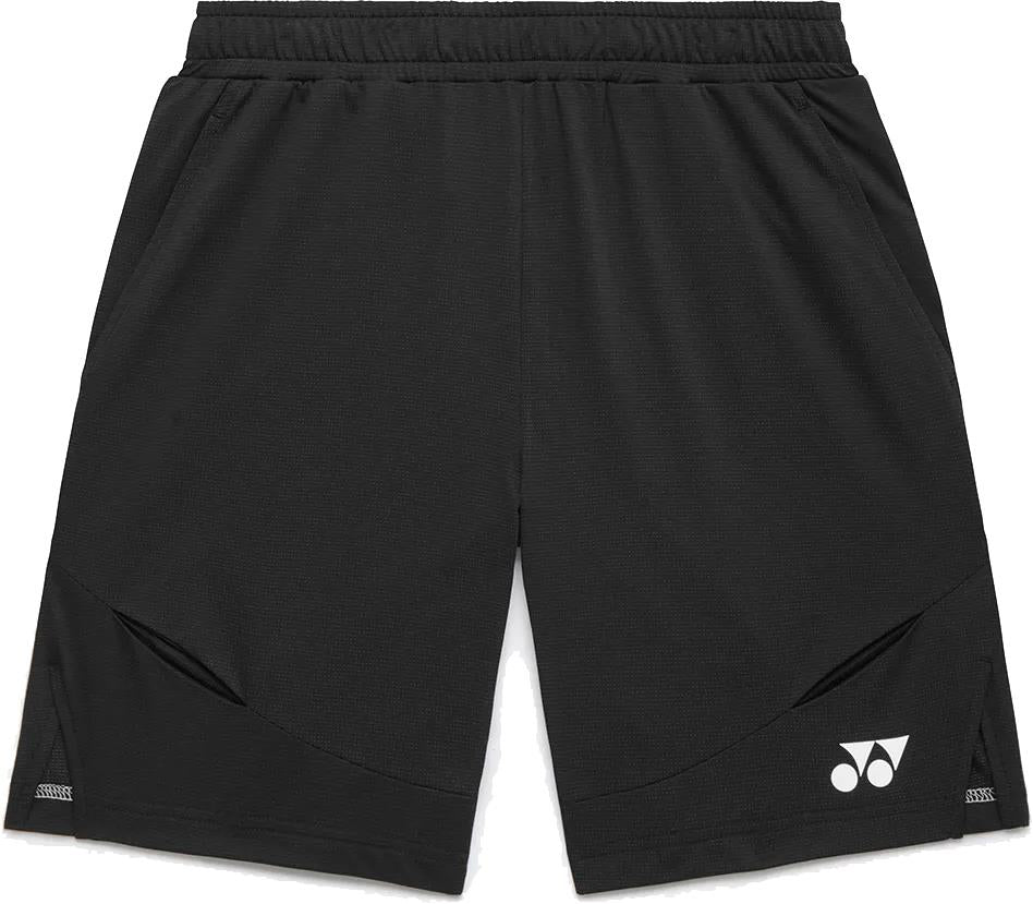 The Yonex 15239YX Knit Men's Badminton Shorts in black feature an elastic waistband, two front pockets, and a white Yonex logo near the hem—lightweight and ideal for men's badminton matches or training.