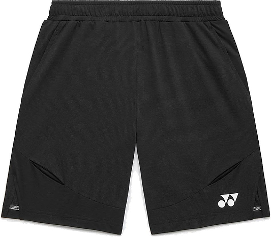 The Yonex 15239YX Knit Men's Badminton Shorts in black feature an elastic waistband, two front pockets, and a white Yonex logo near the hem—lightweight and ideal for men's badminton matches or training.