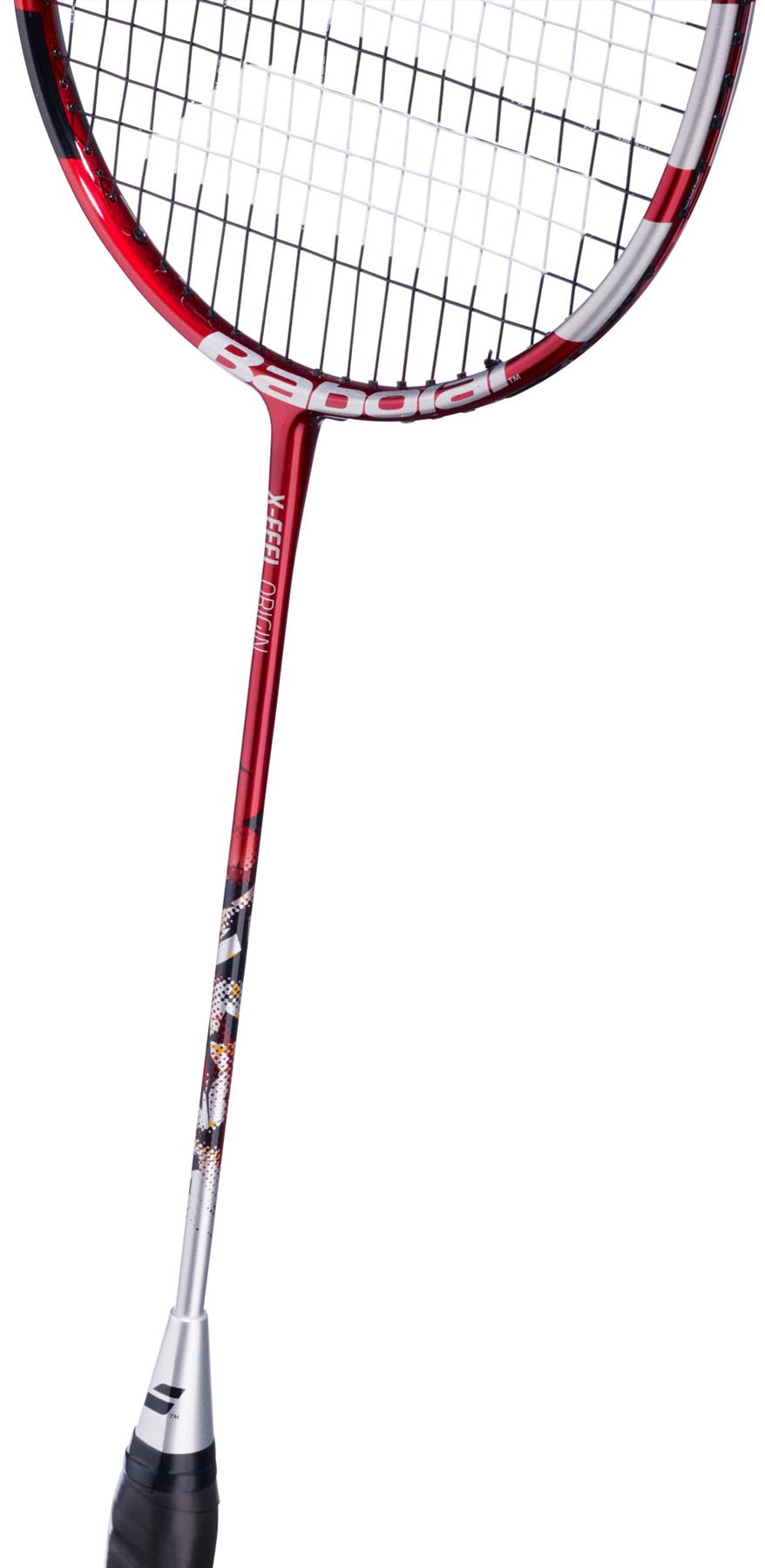 The Babolat X-Feel Origin 2026 3U Badminton Racket in white and red features black strings, a dark grip, and a geometric-patterned shaft for enhanced power, shown against a white background.