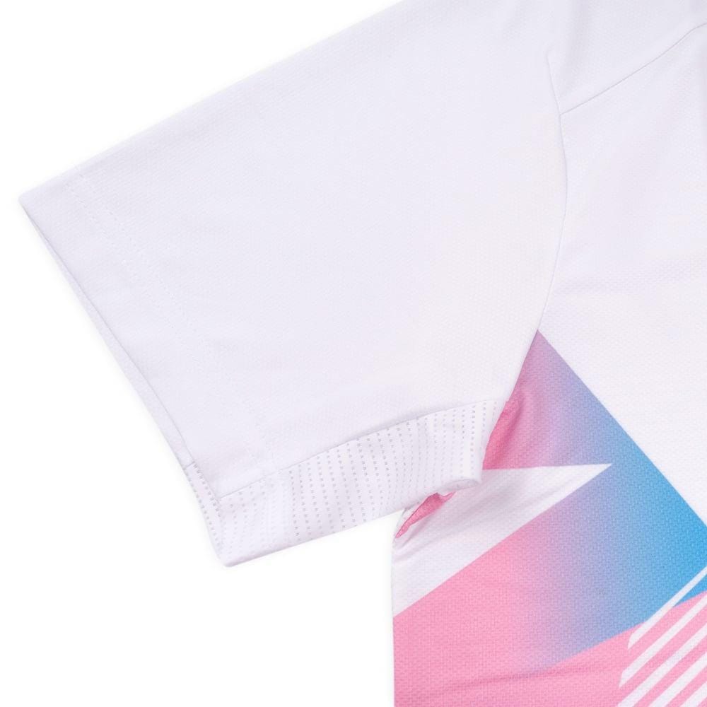 The Li-Ning Diamond Gradient Mens Badminton T-Shirt in white showcases a geometric design with pink and blue triangles. It features breathable perforated sleeves and moisture-wicking, quick-dry properties for superior comfort.