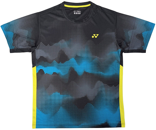 The Yonex YTM2025A Men's Badminton T-Shirt features a black base, blue abstract pattern, yellow side accents, and chest logo. Made with Quick-Dry tech for comfort during play. Brand: Yonex.