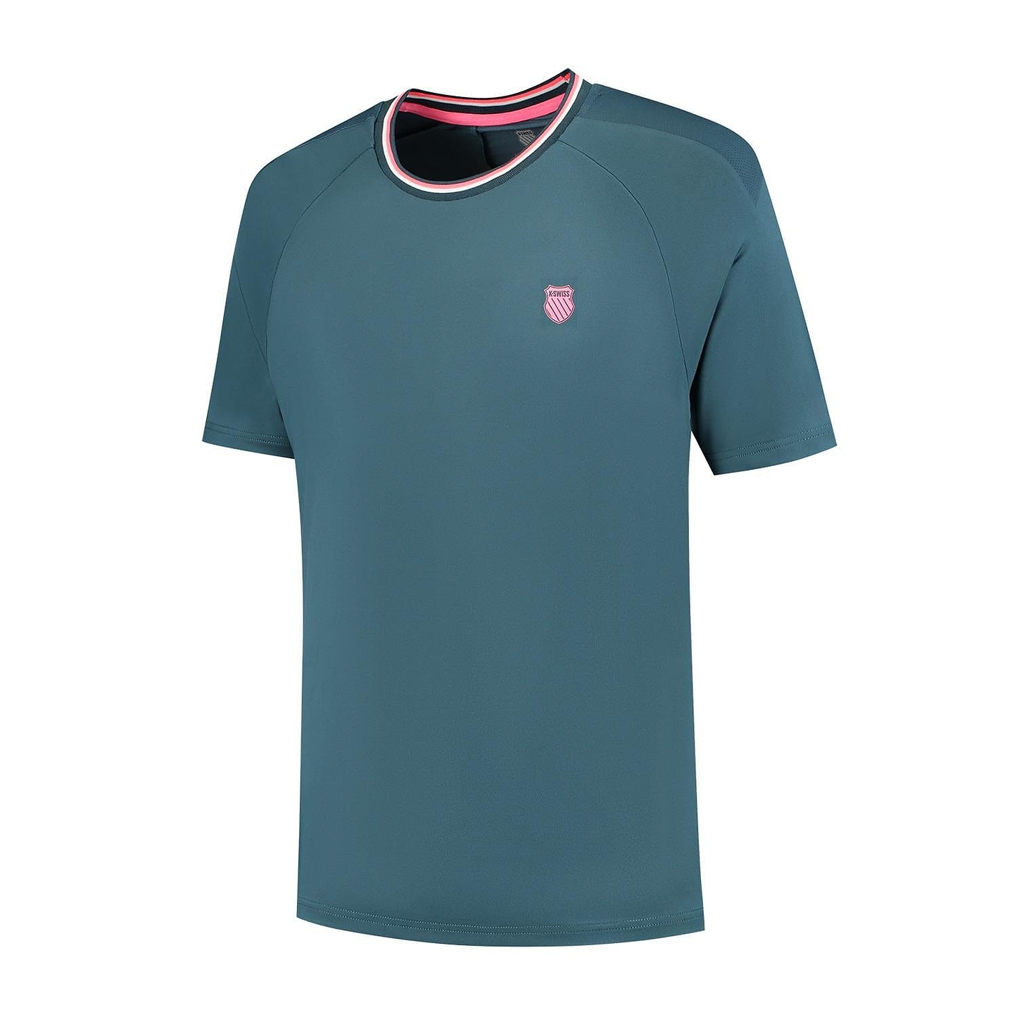 The K-Swiss Hypercourt Mesh Crew 4 Men's Badminton T-Shirt in Stargazer combines short sleeves and a teal hue, featuring a subtle pink and white striped shield logo on the chest with a pink accent inside the collar—ideal for badminton enthusiasts who appreciate style in their attire.