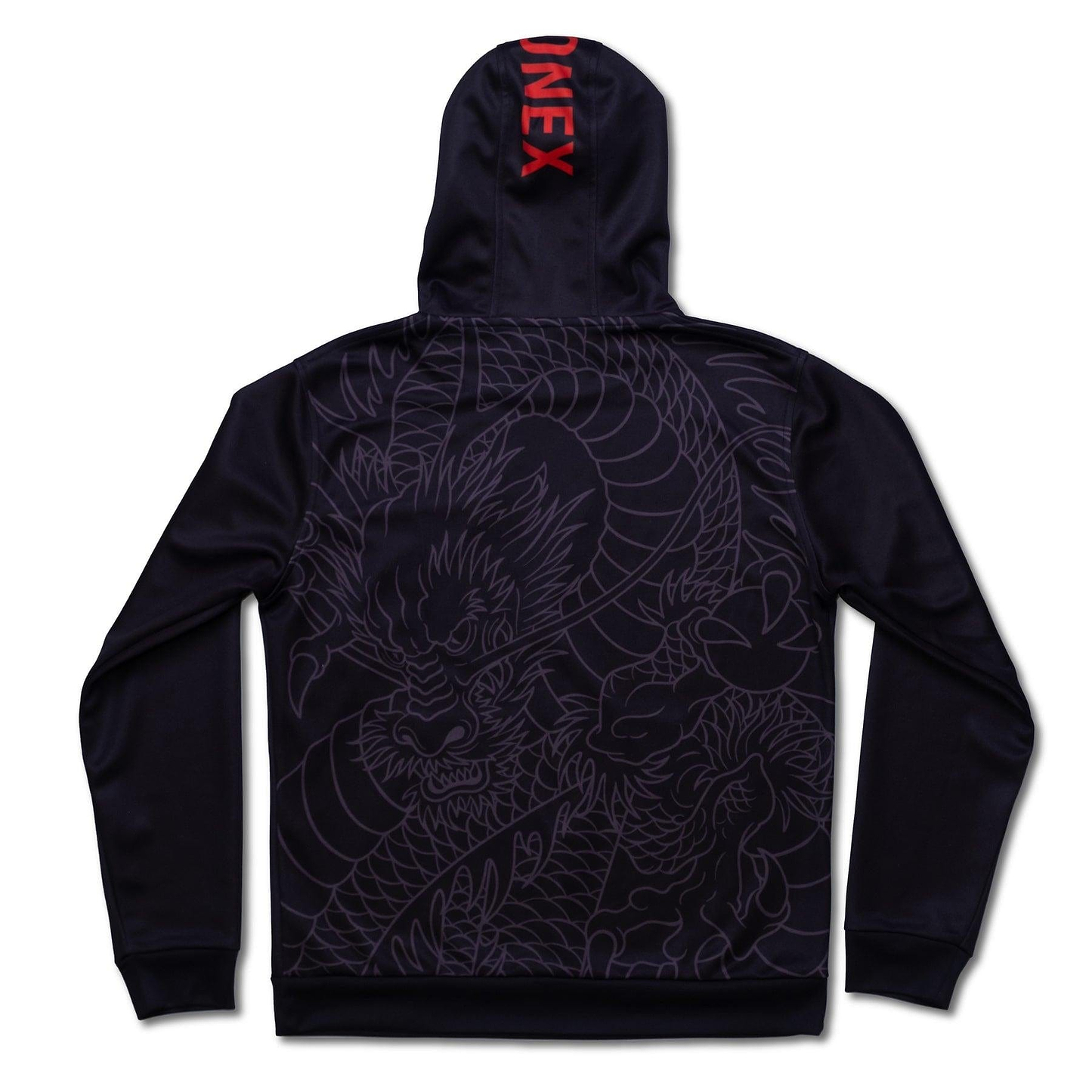 The Yonex CNY2024 Linear Dragon Unisex Badminton Hoodie in black features a striking embroidered dragon design on the back, embodying elegance and strength. The hood is adorned with bold red lettering for a vibrant accent. This hoodie is an ideal piece for celebrating the Chinese New Year.