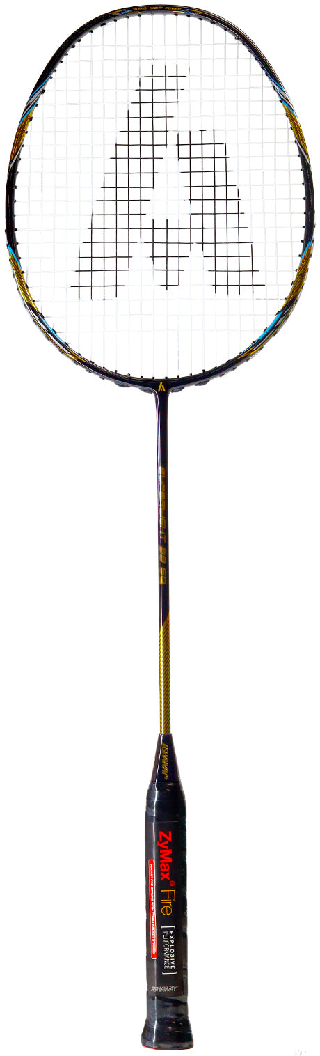 The Ashaway Superlight 99 SQ 5U Badminton Racket in gold black features white strings and a prominent "A" logo on the string bed, displayed upright against a white background.