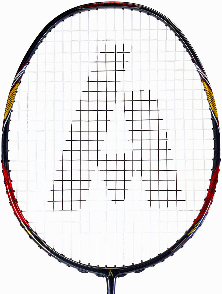 A close-up of the Ashaway Superlight T5 SQ Badminton Racket - Black Red, a lightweight racket with a red and black frame, yellow accents, and strings forming an "A" at the center.