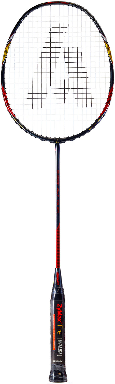 A full-length image of the Ashaway Superlight T5 SQ Badminton Racket - Black Red, featuring a slim shaft, black grip, oval head with black and red accents, and a large "A" on the white string bed. Brand: Ashaway.