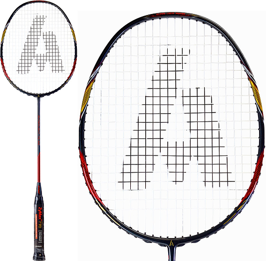 The Ashaway Superlight T5 SQ Badminton Racket - Black Red features yellow and red accents and a large stylized "A" on the strings. Images show the entire lightweight Ashaway racket plus a close-up of its head and string pattern.