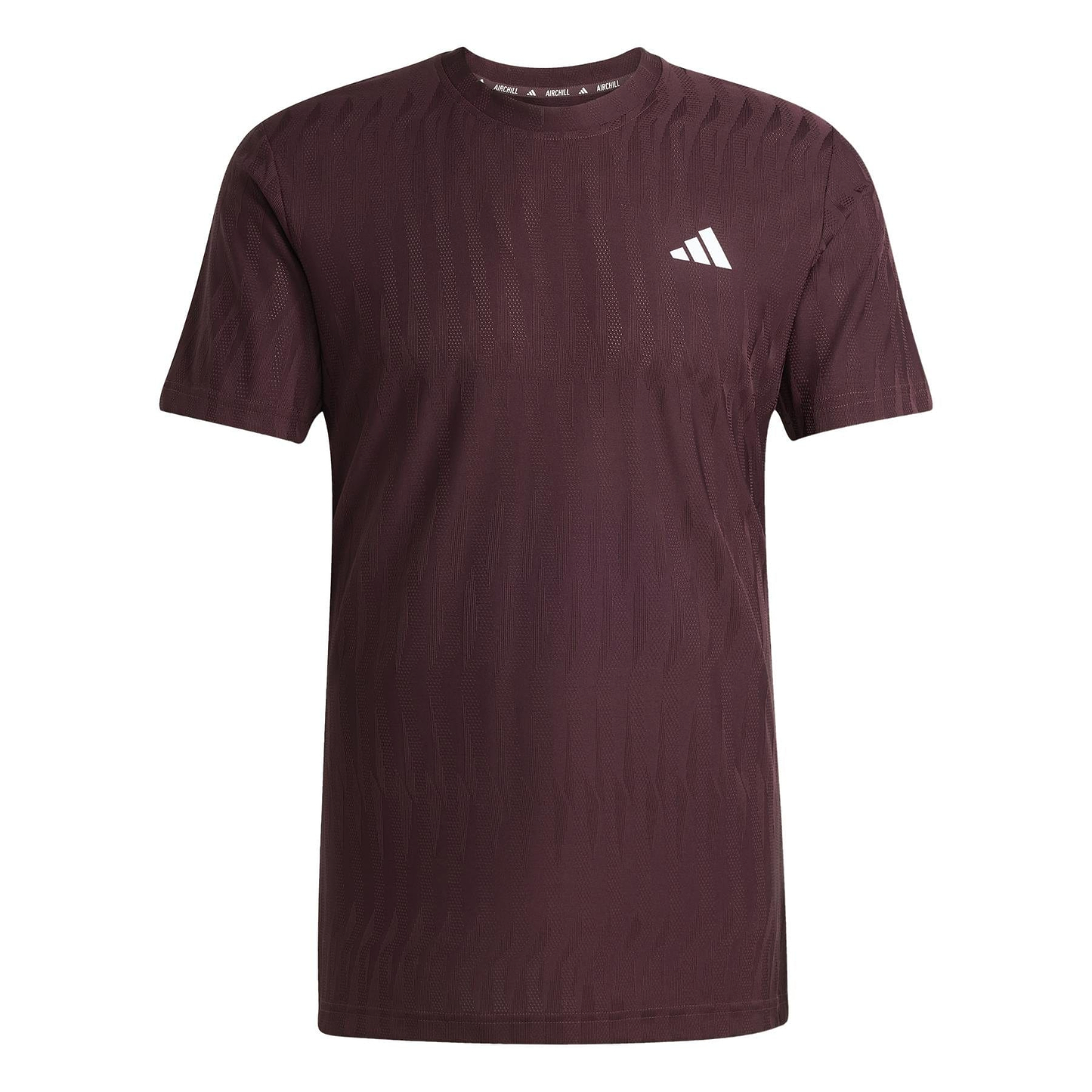 The ADIDAS Men's Climacool+ Freelift Badminton T-Shirt in Ruby features a subtle textured pattern perfect for badminton practice, with a small white adidas logo on the upper left chest.