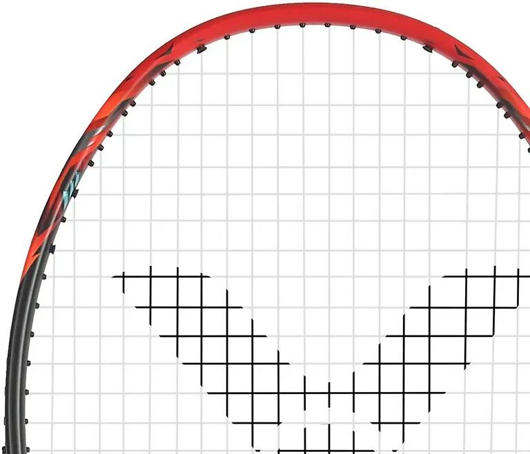 Close-up of the Victor Thruster Ryuga TD C 4U Badminton Racket by Victor, featuring a black and red frame, white strings with a black V-shaped pattern, and Power Box technology.
