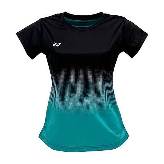 The Yonex YTL5 Women's Badminton T-Shirt is short-sleeved, designed for comfort and performance, featuring a black to turquoise fade with a dotted pattern and white logo. Made from moisture-wicking polyester.
