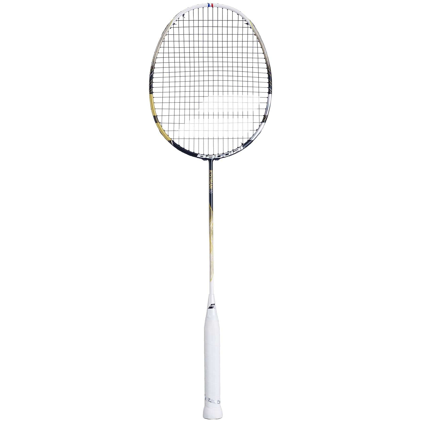 The Babolat Jetstream 80 4U Badminton Racket boasts a gold and black design with a stringed oval head and metallic shaft, enhancing maneuverability. It is showcased standing vertically against a plain white backdrop.