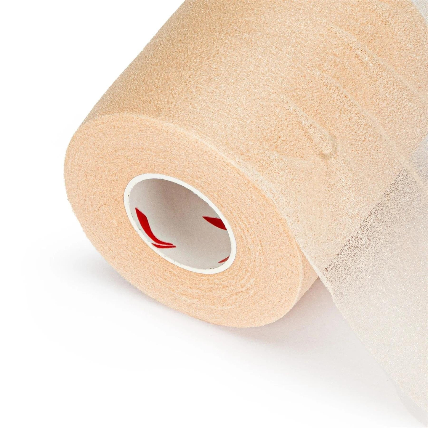 A close-up of a roll of Li-Ning GM100 Cushion Wrap Badminton Grip in natural color, partially unrolled to show its semi-transparent texture and shock-absorbing features. The grip's white core with red markings is set against a plain white background.