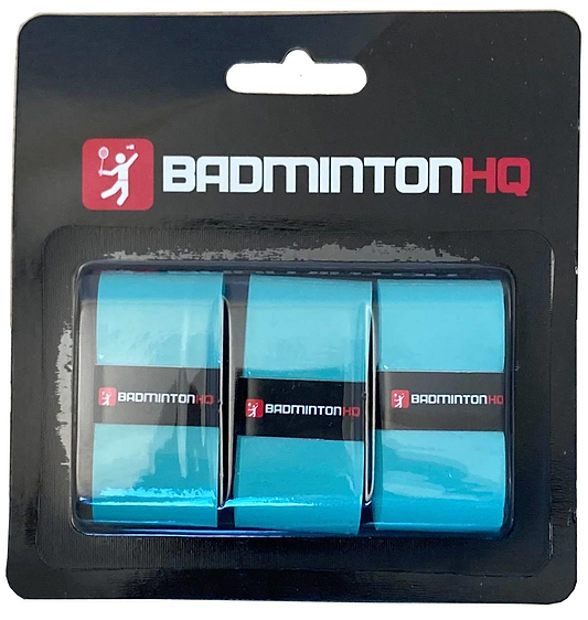 A pack of three teal BadmintonHQ badminton overgrips in plastic packaging with a black backing card featuring the BadmintonHQ logo and a white badminton icon, offering superior tacky grip and sweat-absorption technology.
