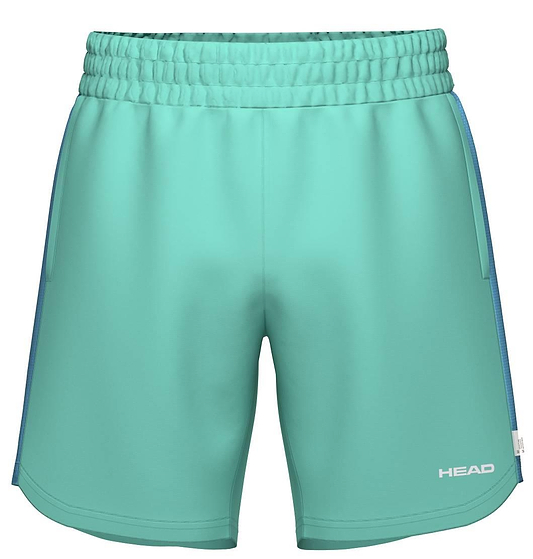 HEAD Power Men's Badminton Shorts in turquoise by HEAD, featuring an elastic waistband, blue side panels, and a white "HEAD" logo on the lower left leg—ideal for stylish comfort on court.