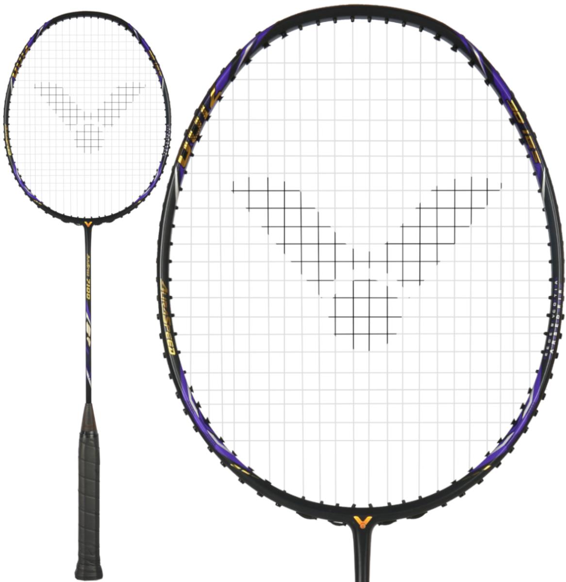 The Victor Auraspeed 7100 4U Badminton Racket by Victor features a black design with purple accents, a V-shaped pattern on the white stringing, and a comfortable black grip tape-wrapped handle.