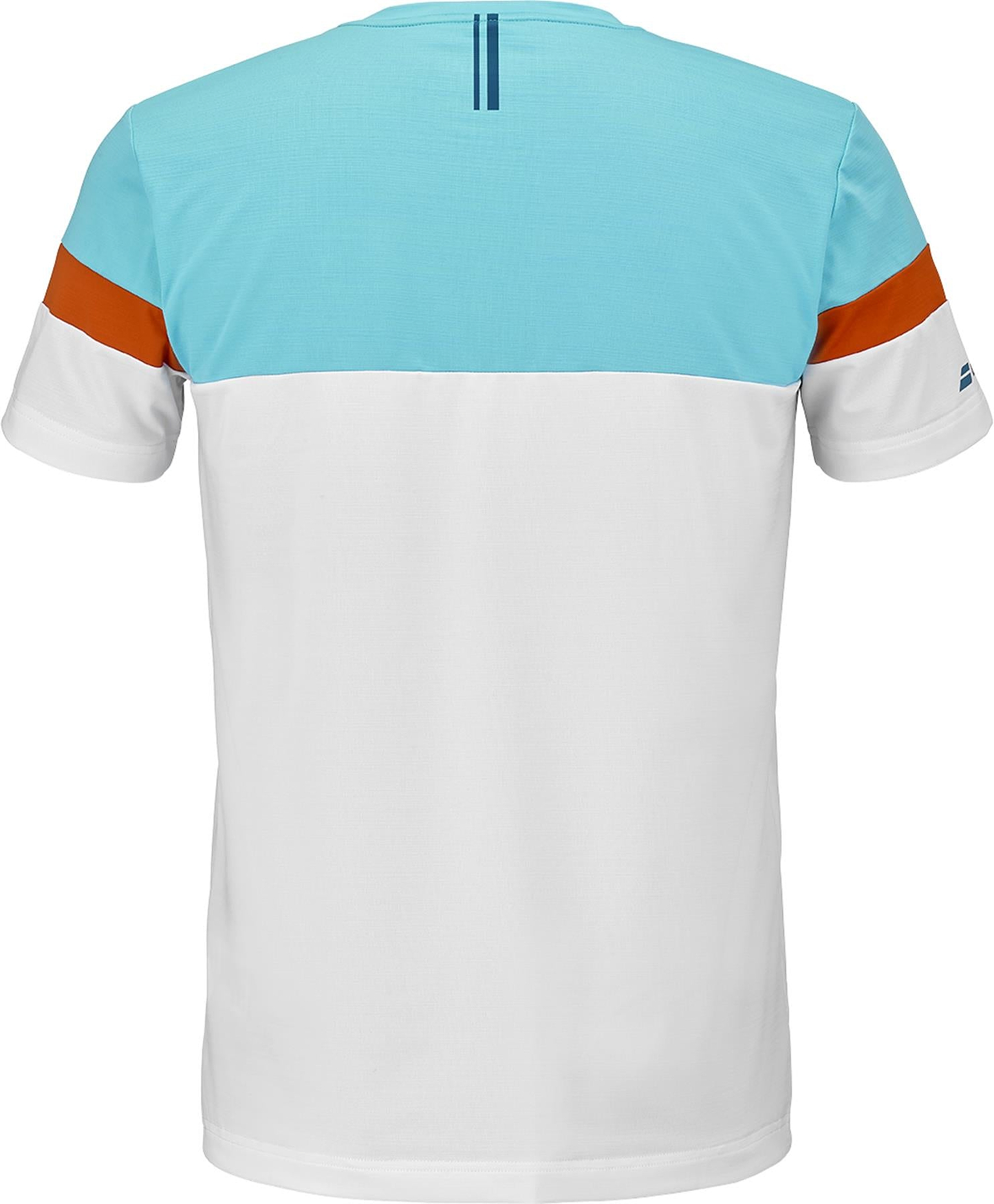 Back view of the Babolat Crew Neck Mens Badminton T-Shirt in white: this tee features a light blue upper, white lower section, orange stripes on each upper arm, and two small dark blue lines by the neckline—ideal for badminton.